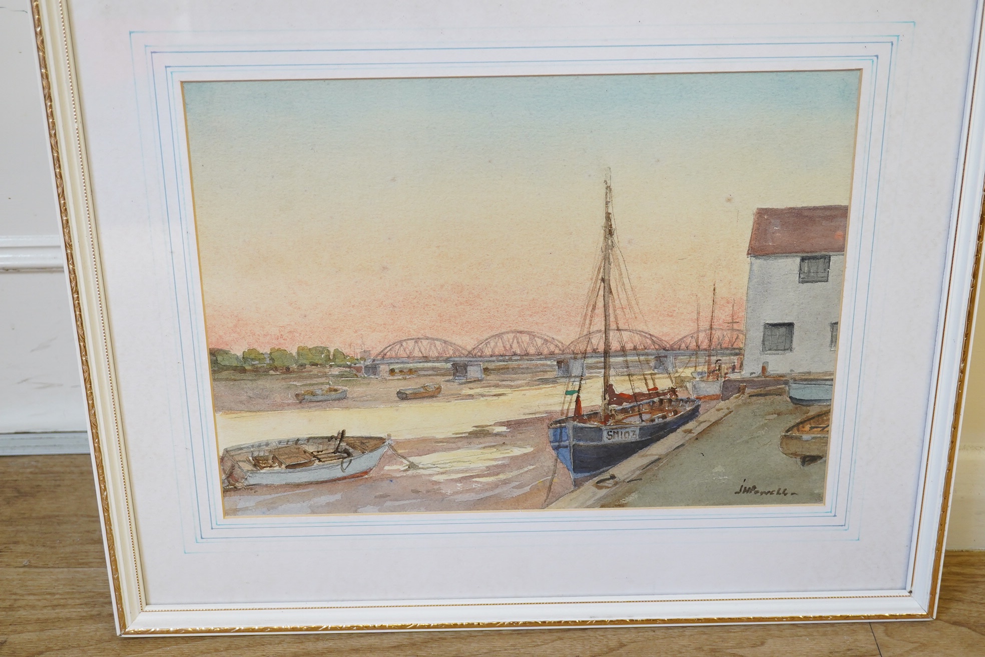 J H Powell (20th. C), three watercolours, Harbour views with moored boats and boats at sea, each signed, largest 27 x 38cm. Condition - poor to fair